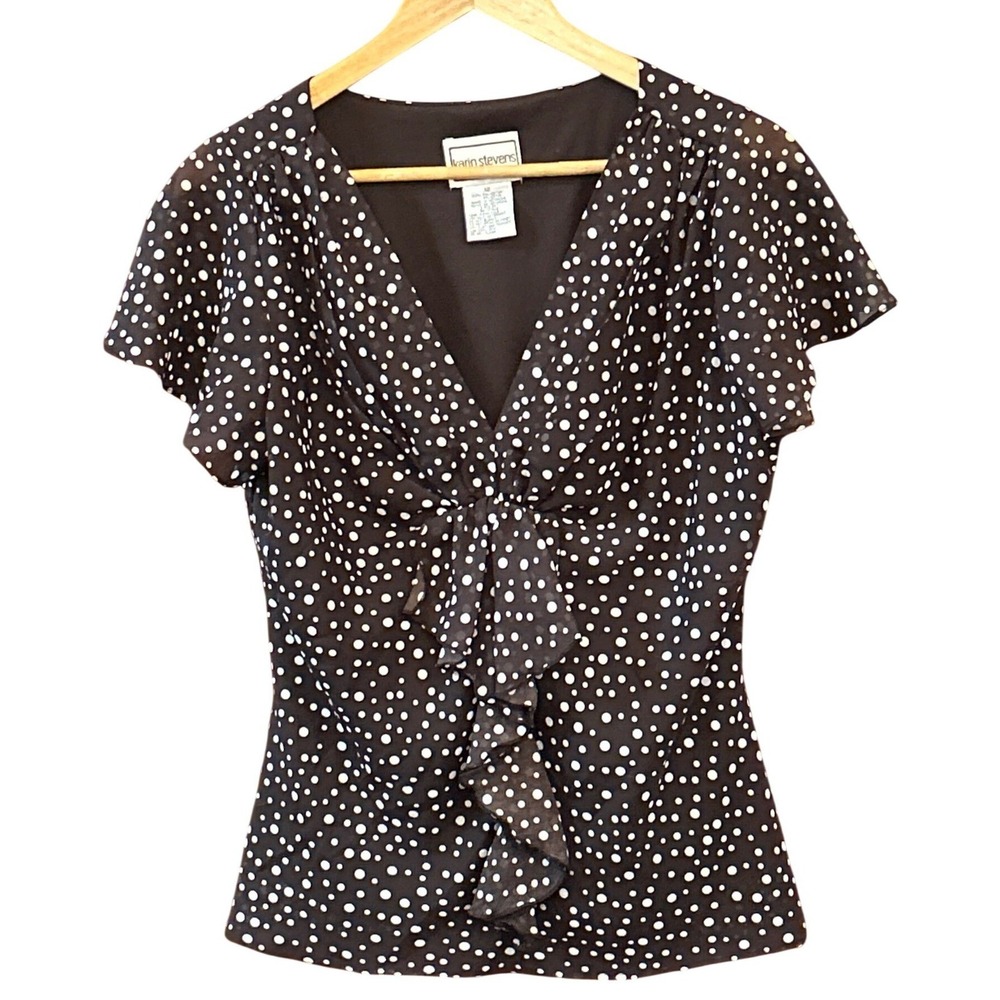 Vintage Karin Stevens Chocolate Brown Polka Dot Blouse Tie Front Black White